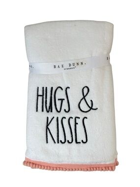 Rae Dunn Hugs & Kisses White Plush Hand Towels Pink Pom Pom Trim NWT